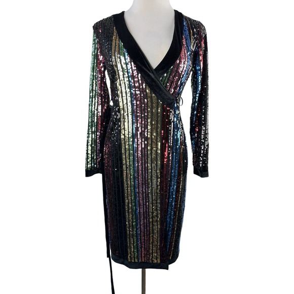 Lulu's Pretty Prismatic Rainbow Striped Sequin Midi Robe Dress TS Era's Style S - Picture 9 of 15